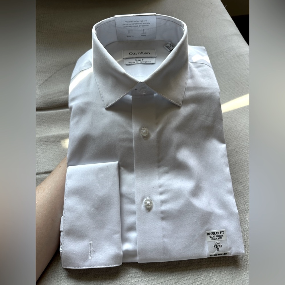 Calvin Klein Steel+ Regular Fit Herringbone White Dress Shirt with French Cuffs